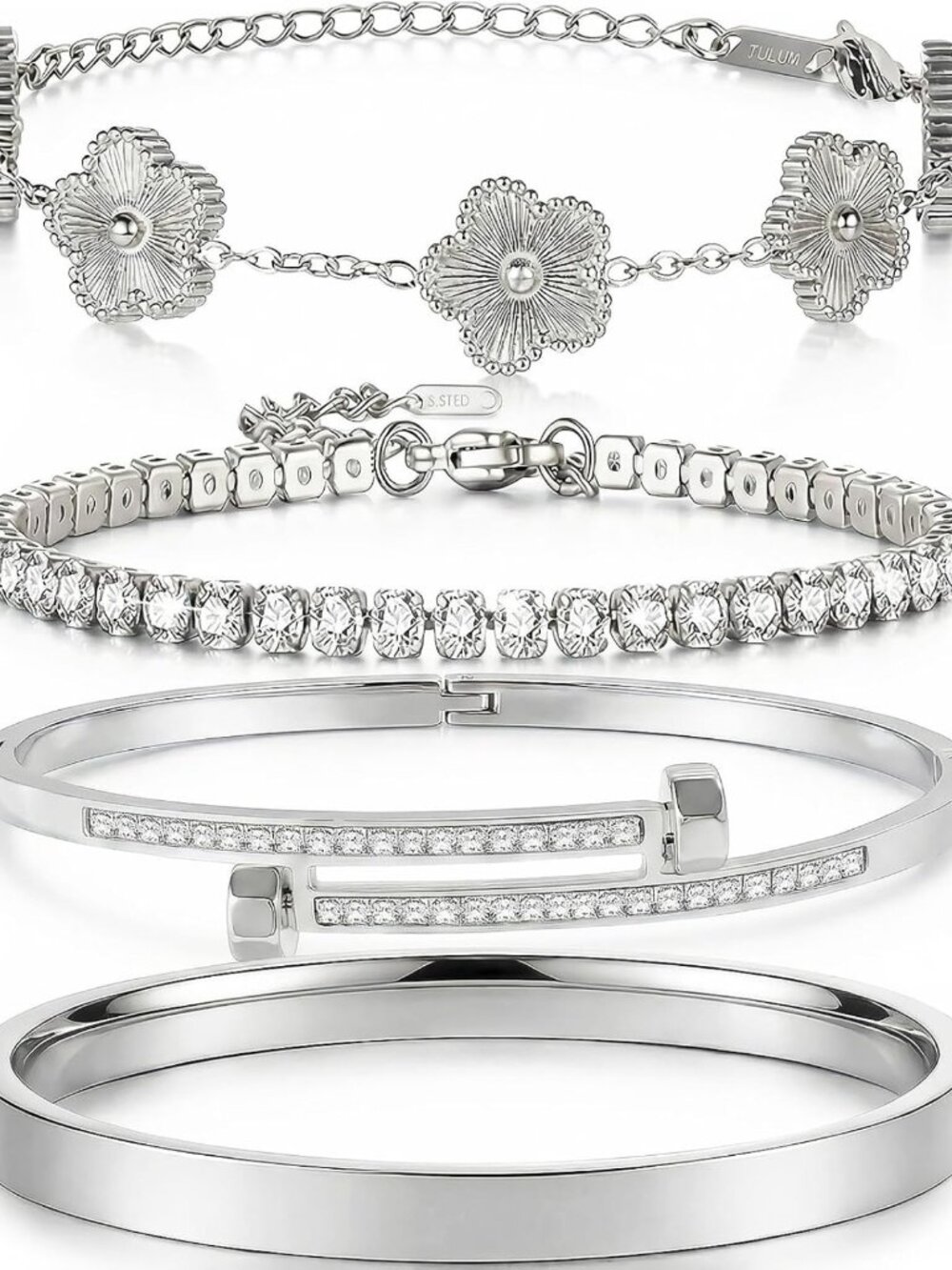Trendy 4PC Silver & Gold Plated Bracelets Set - Love Bangles, Tennis, Clover